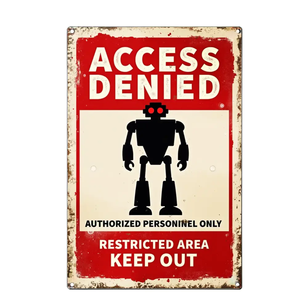 1pc 2D Flat Access Denied Robot Silhouette Metal Tin Sign - Authorized Personnel Only, Restricted Area, Keep Out, Red & Cream Vintage Pattern with Floral Accents, Wall Art Box Included for Home, Cafe, Outdoor Decor, Mother's Day, Canada Day