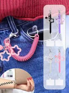 Multi-functional elastic retractable keychain, with phone gasket, wrist spring spiral retractable lanyard, key chain key ring key pendant, spring coil wrist keychain, retractable anti-loss key chain with spring cord