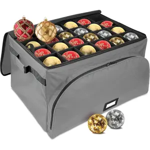 Christmas Ornament  Box - Holds up to 72 4" Ornaments, Durable 600D Fabric, Adjustable Dividers, 3 Removable Trays - Metal Frame - Gray