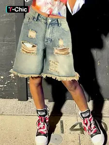Women's Mid Rise Vintage Light Wash Denim Button Jorts, Oversized Baggy Fit Distressed Ripped Frayed-Hem Knee-Length Reworked Shorts, Casual Ripped Shorts, Trendy 90s Retro Streetwear Bottoms for Skate Parks, City Errands, Summer Hangouts & Hip Hop Looks