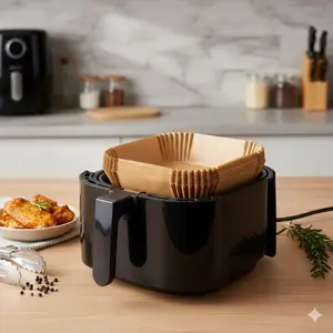 Air Fryer Liners Set: Square Baking Parchment Paper, Non-Stick, Oil & Waterproof, Biodegradable. Compatible with All Air Fryer Models. Reduce Cleaning Time, Enhance Cooking Efficiency for Baking, Frying & Snacks.