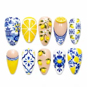 Summer Blue Lemon Nails, Press On Nails Fruit Tile 3D, Holiday Handmade Custom Nails For Girls Women, Reusable nails with Tool Kit, Party Nailart