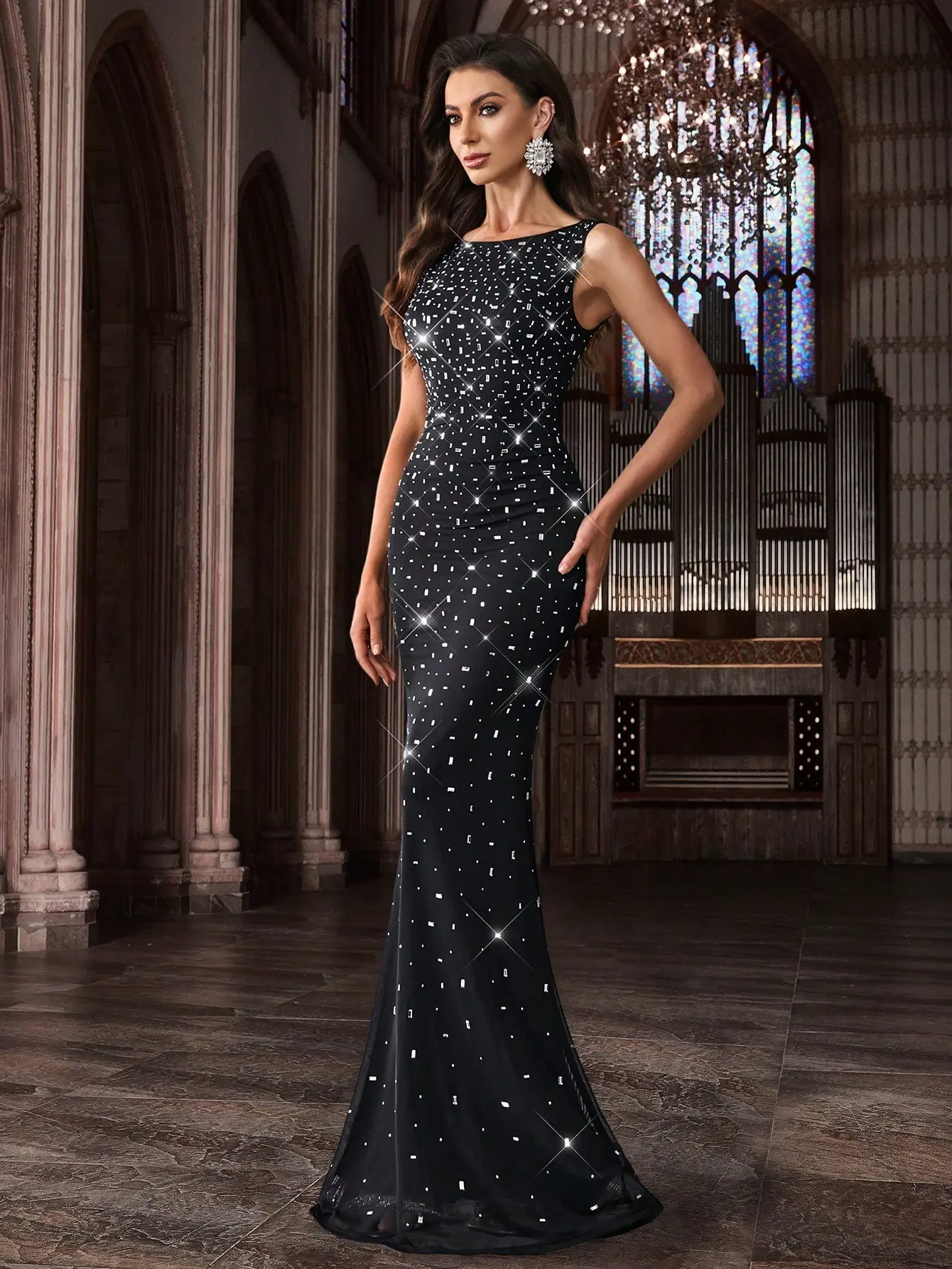Black Round Neck Mermaid Evening Gown Sequin Embellished Formal Dress for Women Sleeveless Prom Party Dress with Lining Elegant Mid Stretch Fabric Womenswear Check