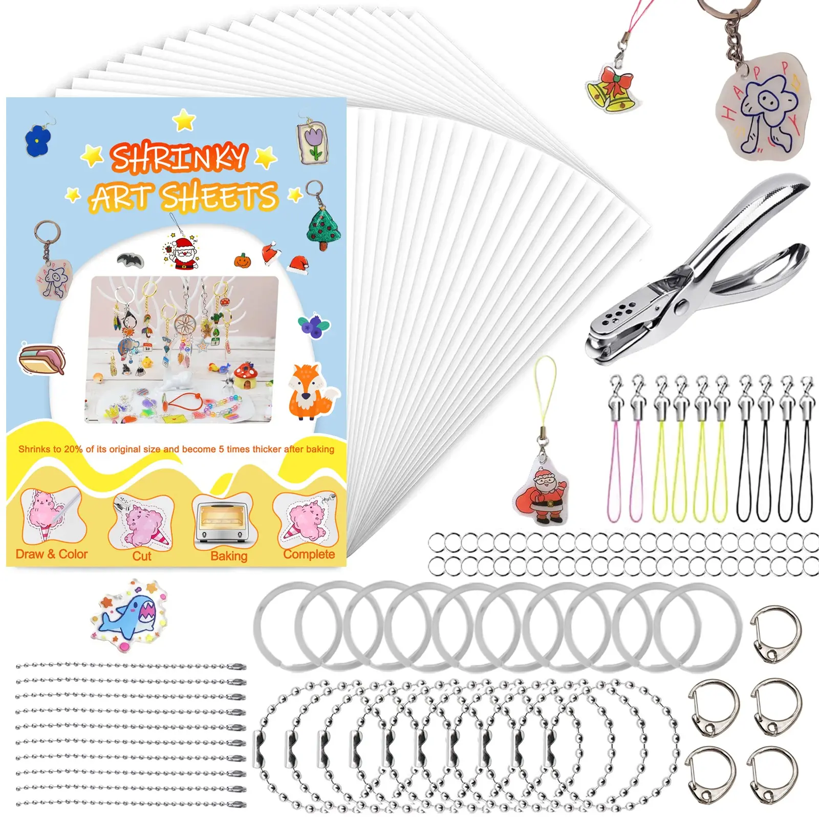 187PCS/203PCS Heat Shrink Plastic Sheet Kit, Shrink Paper Keychain Set with 179PCS Keychain Accessories and Open Jump Rings. Perfect for Christmas, Thanksgiving gifts, fingerprint keychains, Keyrings for keys, and handmade presents Keychain Lanyard