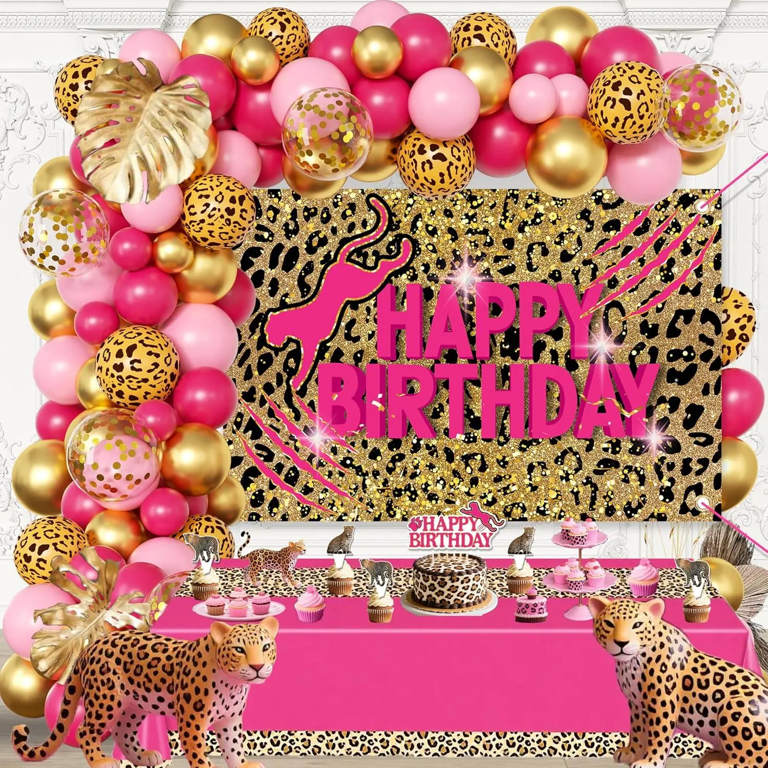 Pink Leopard Print Birthday Party Decorations Set For Women – Balloons Arch Garland Suitable For Girls