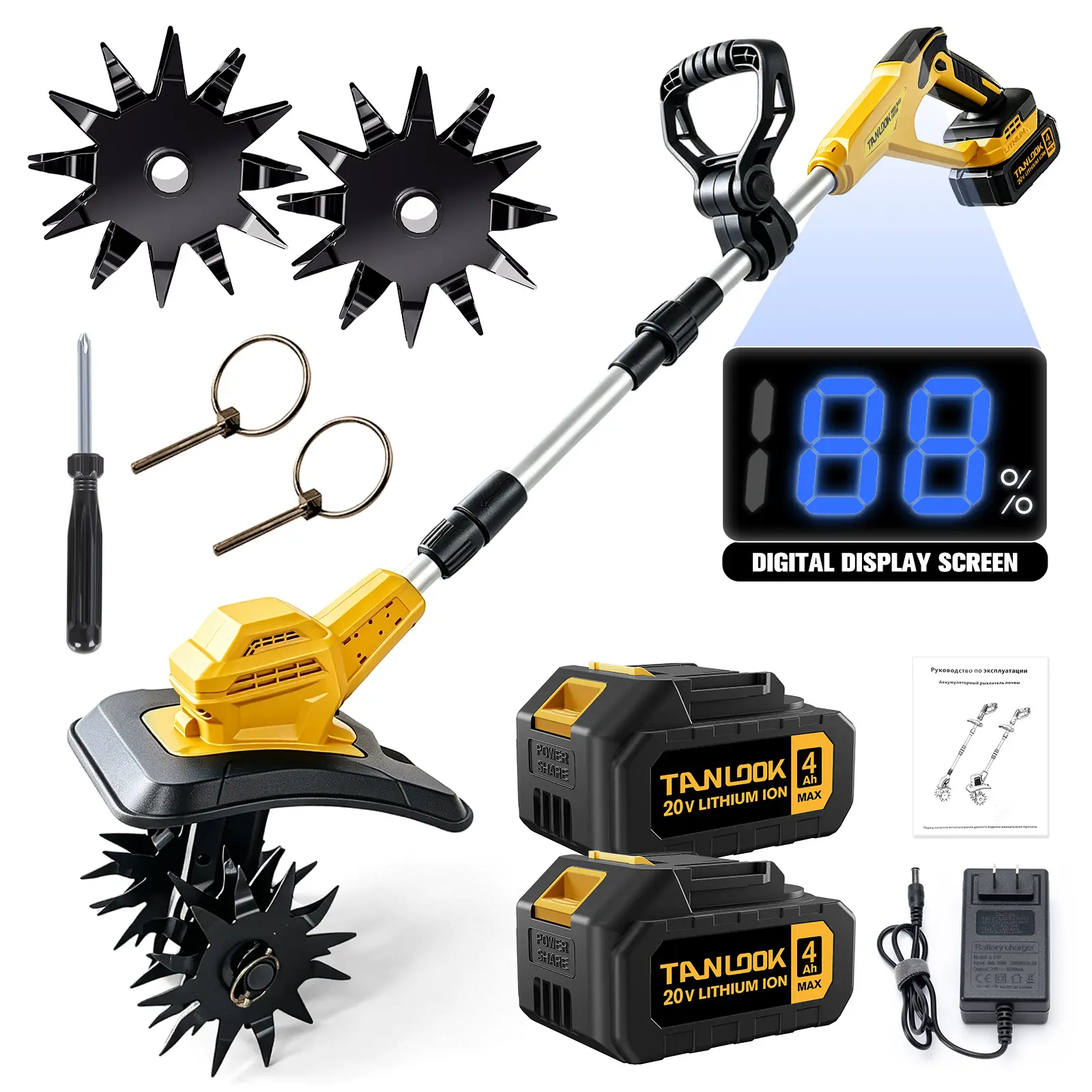 TANLOOK 20V Cordless Tiller Cultivator with Digital Display Screen, Electric Garden Rototiller with 2x4.0Ah Batteries & 4x12-Tooth Steel Blades for Soil Loosening, Weeding, Yard, Garden & Farm