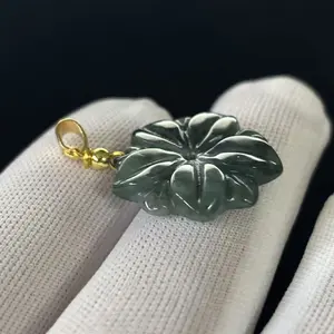 Natural Green Jade Jadeite Pendant Charm Carved Flower, 21x21mm, Free Necklace