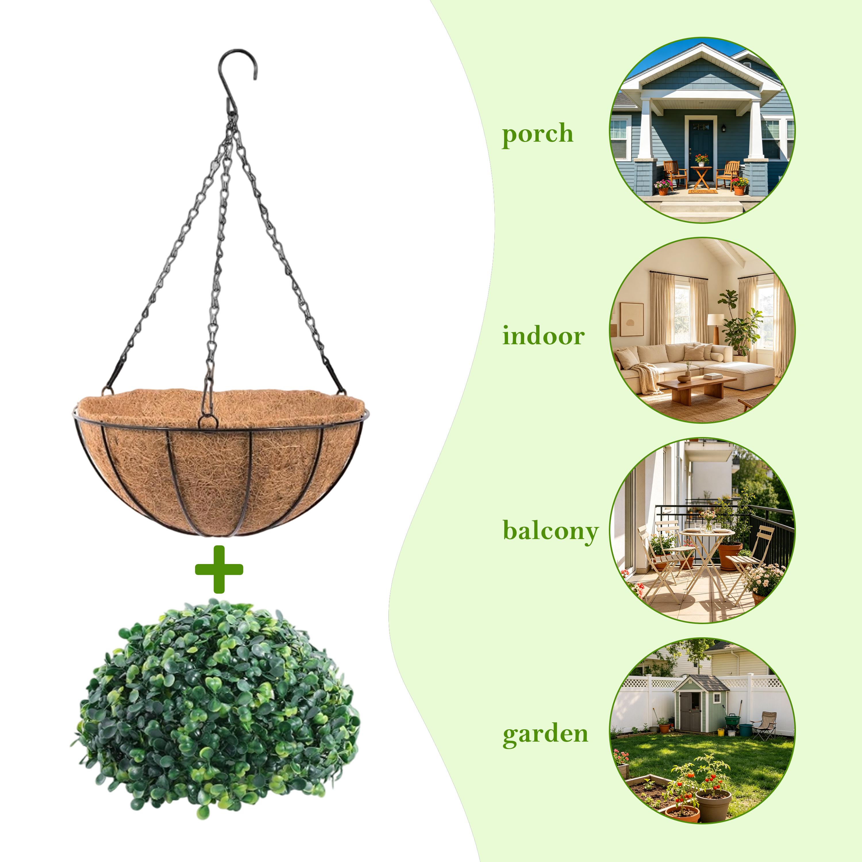 12-Inch Classic Coconut Coir Metal Hanging Planter Basket with Topiary Ball Set, Heavy Chain, Moisture Lock, for Outdoor/Indoor Porch Rail, Garden Decor