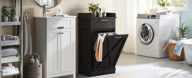 DWVO 10 Gallon Trash Cabinet with Storage Cabinet ＆ Drawer, Wooden Tilt Out Trash Cabinet Hidden Garbage Bin Cabinet, Tilt-Out Hamper for Kitchen Island, 20.5" W x 14" D x 39" H, Black/White