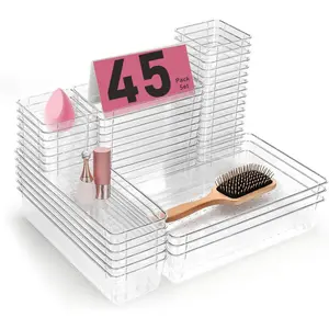 Clear Plastic Drawer Organizers Set of 45 Vanity trays Stackable Storage Bins Dividers Bathroom Organiser Storage Vanity Bins for Makeup, Kitchen Utensils, Jewelries, Office