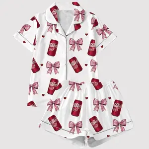 Soda Dr Pepper Satin Short Pajama Set, Dr. Pepper Bow Pattern Short Pajamas, Matching Family Sleepwear Set, Pajama Set For Women And Kids