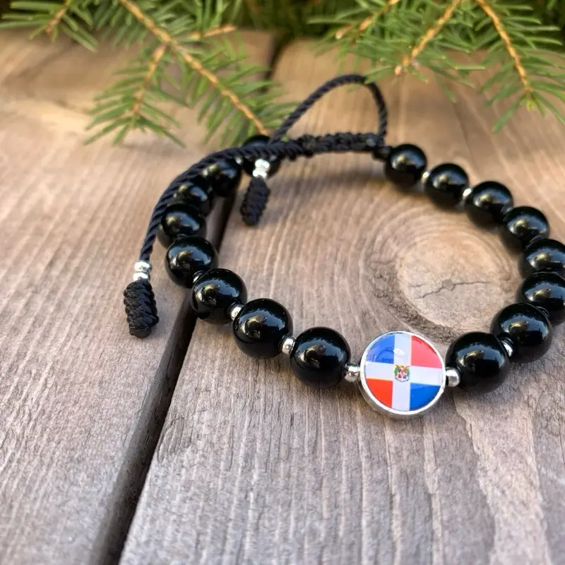Dominican Republic Black Beaded Bracelet with Flag Charm, Beaded Design, Adjustable Cord