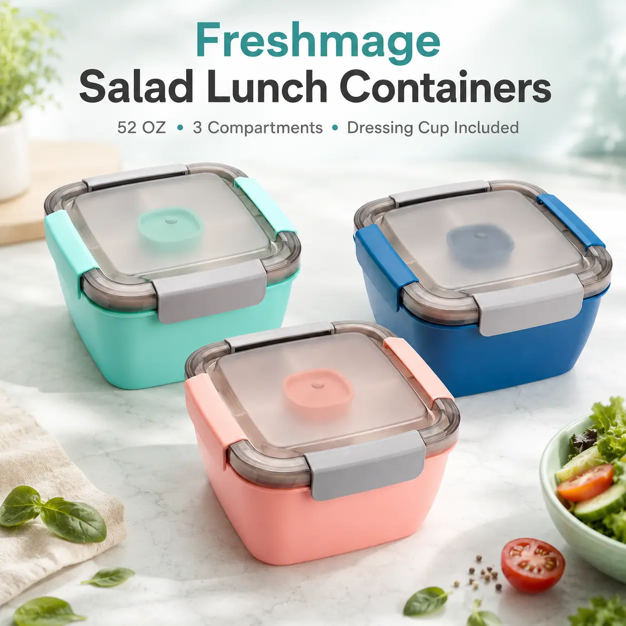 MIUVA Salad Lunch Container To Go - 52-oz 3-Compartment Leak-Resistant Salad Bowl with Built-In Dressing Holder, Food Safe Plastic Lunch Boxes for Meal Prep, Storage & Meal Planning (Pink, Reusable Tableware), Salad Containers, Packing Lunch For My Kid
