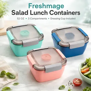 Salad Lunch Container To Go, 52-oz Salad Bowl with 3 Compartments, Leak-Resistant Lid, Built-in Dressing Container for Toppings, Snacks, Fruits & Meal Prep