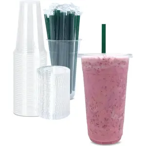 32 oz Clear Plastic Cups With Lids And Straws, Disposable Drinking Cups For Cold Drinks, Iced Coffee, Milkshakes, Smoothies, 25 Sets