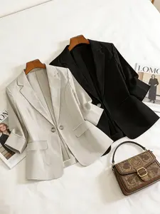 Women's two-piece plain color single-breasted double-pocket half-sleeve five-point suit jacket, suitable for spring and summer suitable for commuting outfit Button Front Blazer, Womenswear