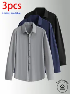 3-pack men’s long-sleeve shirts, men’s shirts, men’s long sleeves. Lightweight, breathable solid-color basic shirt made from nylon–elastane fabric. Available in four colors. Solid color is versatile—easy to match across styles. Suitable for everyday wear,
