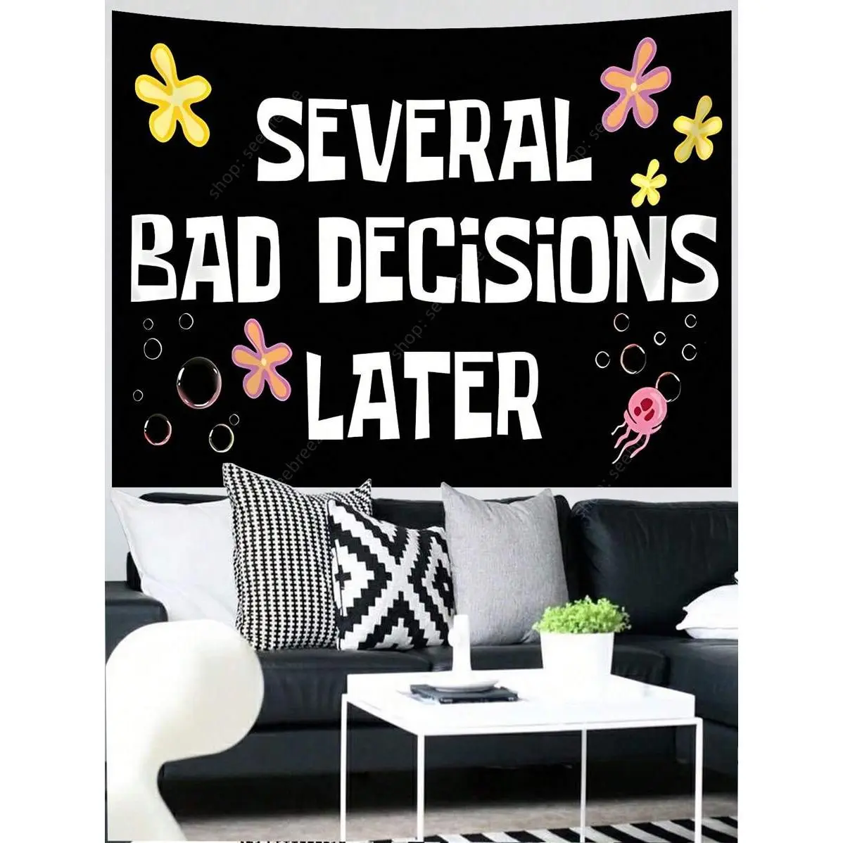 40in×60in Plaid Nylon Print Tapestry - "Several Bad Decisions Later" Cool Meme Design, Hen & Animal-Themed Wall Hanging for College Dorms, Bachelorette Party Prop & Dining Room Home Decor with Bag Accessory