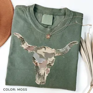 Camo Longhorn Skull Patchwork comfy Tee, Western Cow Skull, Quilted Farm Animal Head Tee, Gingham Floral Rustic Cow Lover Shirt, Printed Shirt