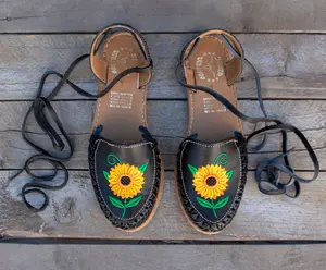 Womens LEATHER sunflower embroidered lace up flat huarache MEXICAN SANDALS