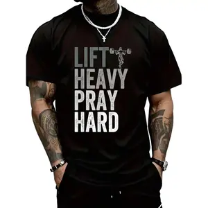 Lift Heavy Pray Hard 100% Cotton Christian Faith Gym Jesus T-Shirt For Men, Valentine's Day Gift.