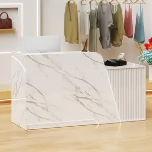 Reception Desk with Slanted Grid Pattern White Marble Design Includes Drawer & Keyboard Tray for Modern Office Use