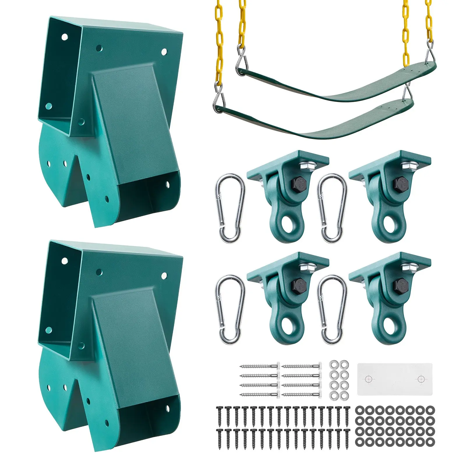 【DealsForYouDays】VEVOR Heavy-Duty A-Frame Swing Set Brackets Kit - 2 A-Frame Brackets, 2 Seats, 4 Hangers, Included Hardware, Green Swing Stand Parts for Backyard Playground Mounting