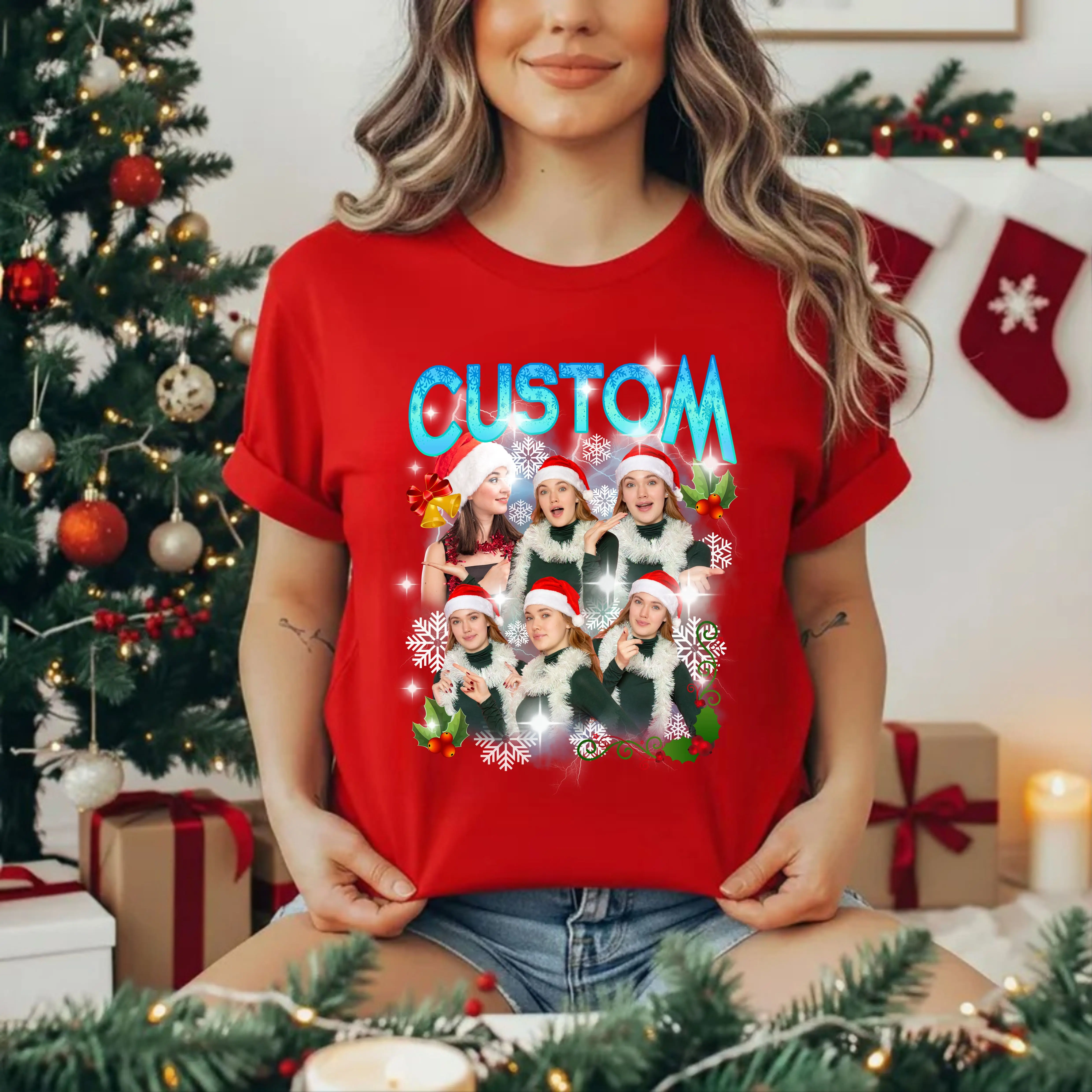Customized Christmas Photo Bootleg Tee | Personalized Holiday Collage T-Shirt with Custom Name | Funny Retro Xmas Top | Perfect Gift for Friends & Family