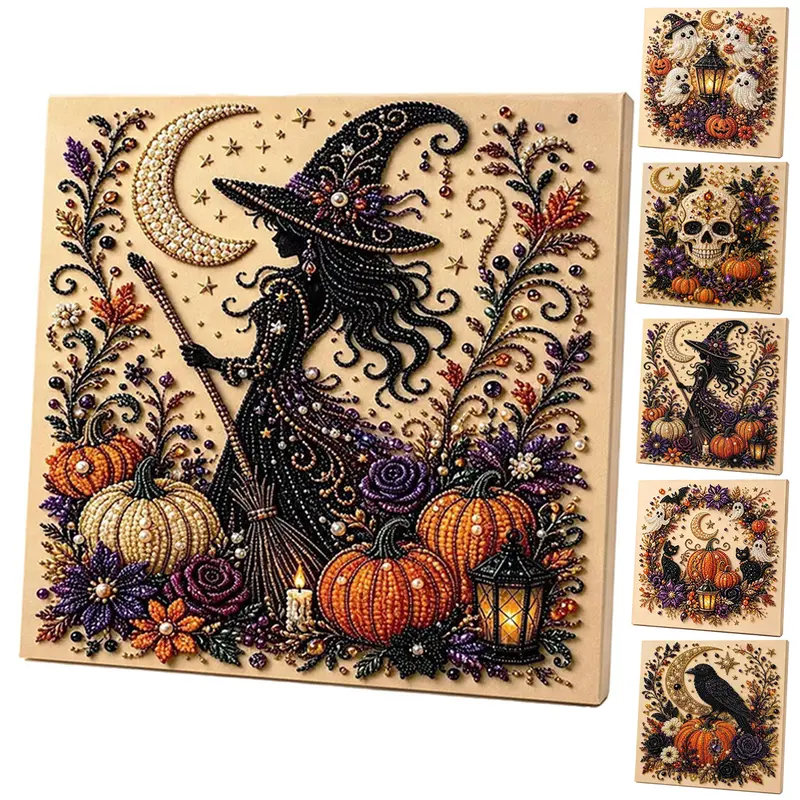 Halloween 3D Pearl Art DIY Kit Witch Pumpkin Ghost Bead Painting Canvas Autumn Home Wall Decor Beginner Friendly Craft Gift Unique Gift Idea Fall Season