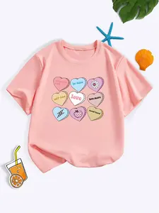 Toddler Girl's Cartoon Heart Print Round Neck Tee, Cartoon Print Top, Casual Short Sleeve T-shirt for Daily Wear, Kids Clothes for All Seasons