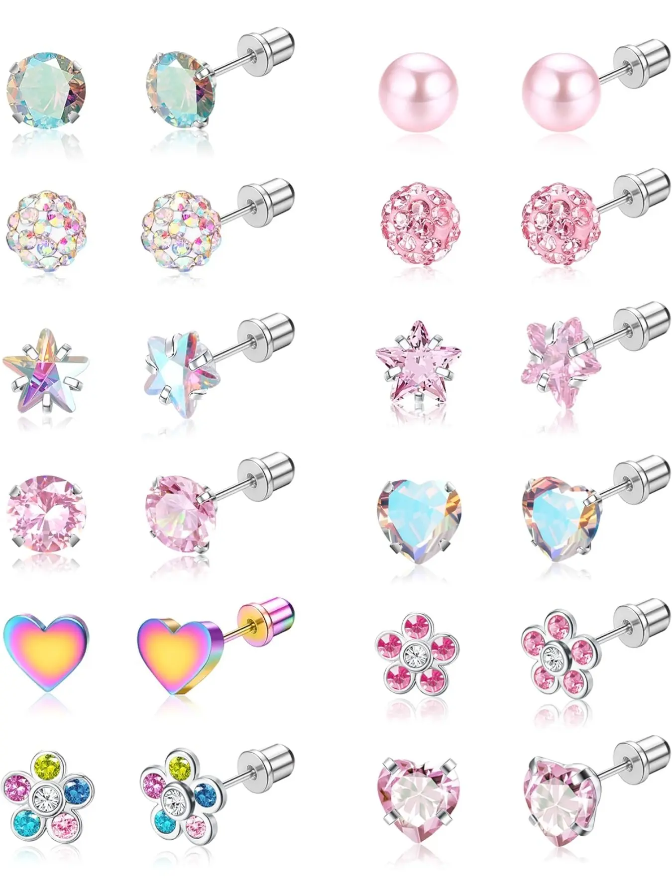 12 Pairs Hypoallergenic Earrings for Girls Women, Cute Jewelry, Stainless Surgical Steel, Cute Cz Flower, Tiny Screwback Studs Set, Toddler Kids Baby 20g