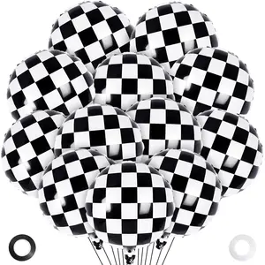 12-Piece Set of Black & White Checkered Foil Balloons – 18-Inch Racing Theme Party Decor