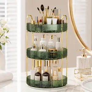 360° Spinning Cosmetic Organizer for Bathroom Vanity | Modern Metal & Clear PET Skincare Storage Tower | Multi-Layer Large Capacity Dresser Countertop Carousel | Holiday Birthday Gift for Women