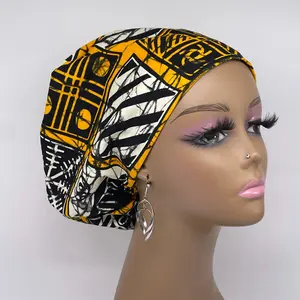 Niceroy Surgical SCRUB CAP cream yellow black Ankara Europe style nursing caps African print fabric and satin lining option.