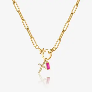 Pavé Zircon Cross Birthstone Necklace Charm Personalized Birthstones Stainless steel Paperclip Necklace Custom Birthstone Charm Pendant Mother's Day Gift for Wife Women Jewelry