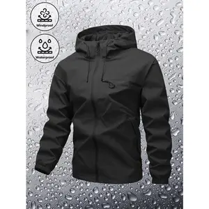 Men's Plain Waterproof Windproof Drawstring Zip Up Hooded Jacket, Casual Long Sleeve Zipper Pocket Design Outerwear for Outdoor Activities, Men's Clothes for All Seasons, Menswear m  65  jacket Stripe Print Baseball Bomber Jacket