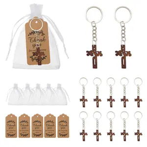 Wooden Cross Keychain Party Favor Kraft Paper Tag and Organza Bag Baptism Gift