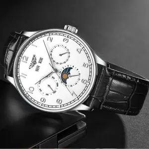 Trendy Sun Moon Phase Multifunction Men Watch, White Calendar Dial, Black Croc Leather Strap, Classic Luxury Business Chronograph Wristwatch