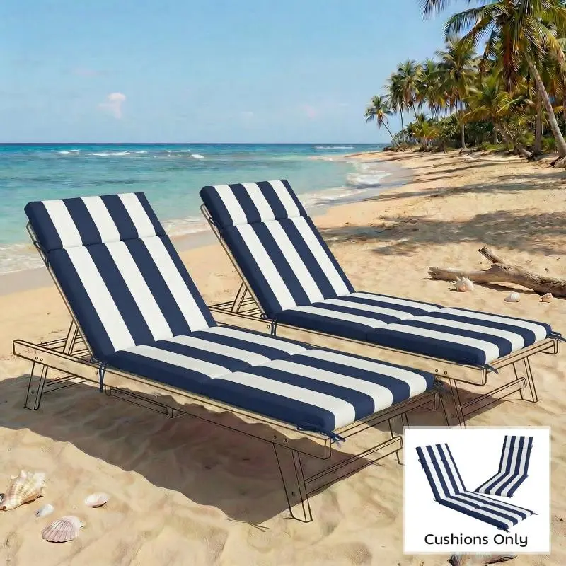 Outdoor Chaise Lounge Cushions Set of 2 with 6 Ties High-Density Foam for Patio and Poolside Dark Blue and White All-Weather Protection UV30+