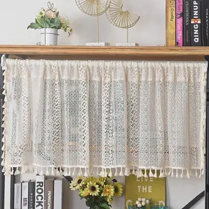 Short Sheer Lace Crochet Curtain, Handmade Braided Fringe, Vintage Fashion Home Decor, Cream Color, Elegant Window Treatment