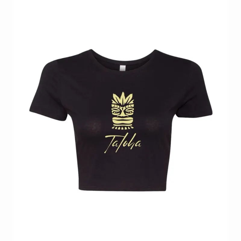 Young Women's Baby Doll T Black Crop Top with Gold Tiki Logo and "Tatula" Text Cotton Yoga Tee Form Fitting Sideseamed Soft Summer Streetwear Tshirt Cropped Womenswear Casual Crewneck Shortsleeve