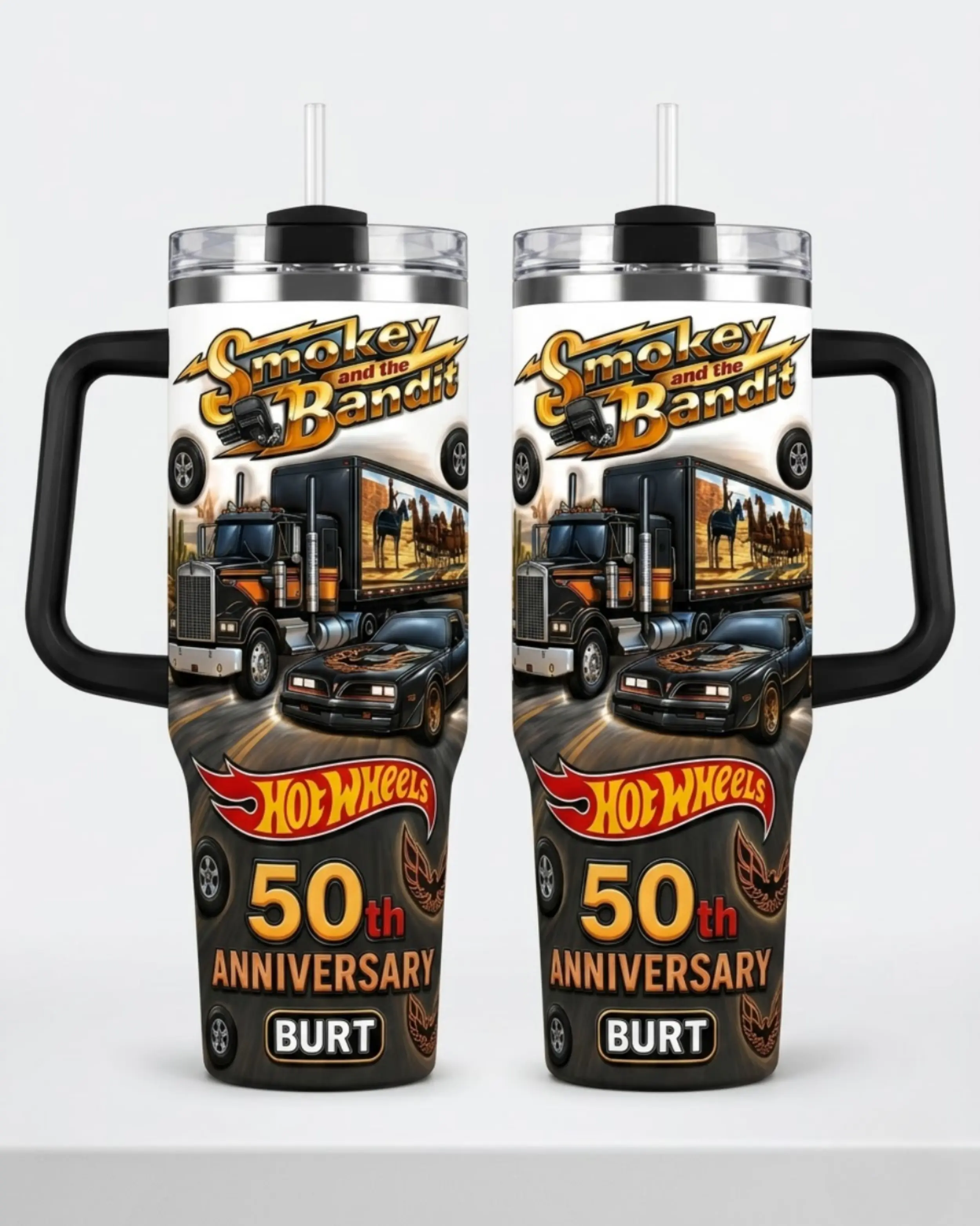 Smokey And The Bandit Hot Wheels 50th Anniversary Tumbler 30oz 40oz With Handle, Classic Movie Car Truck Fan Cup With Burt Retro Racing Artwork Gift, Straw Not Included