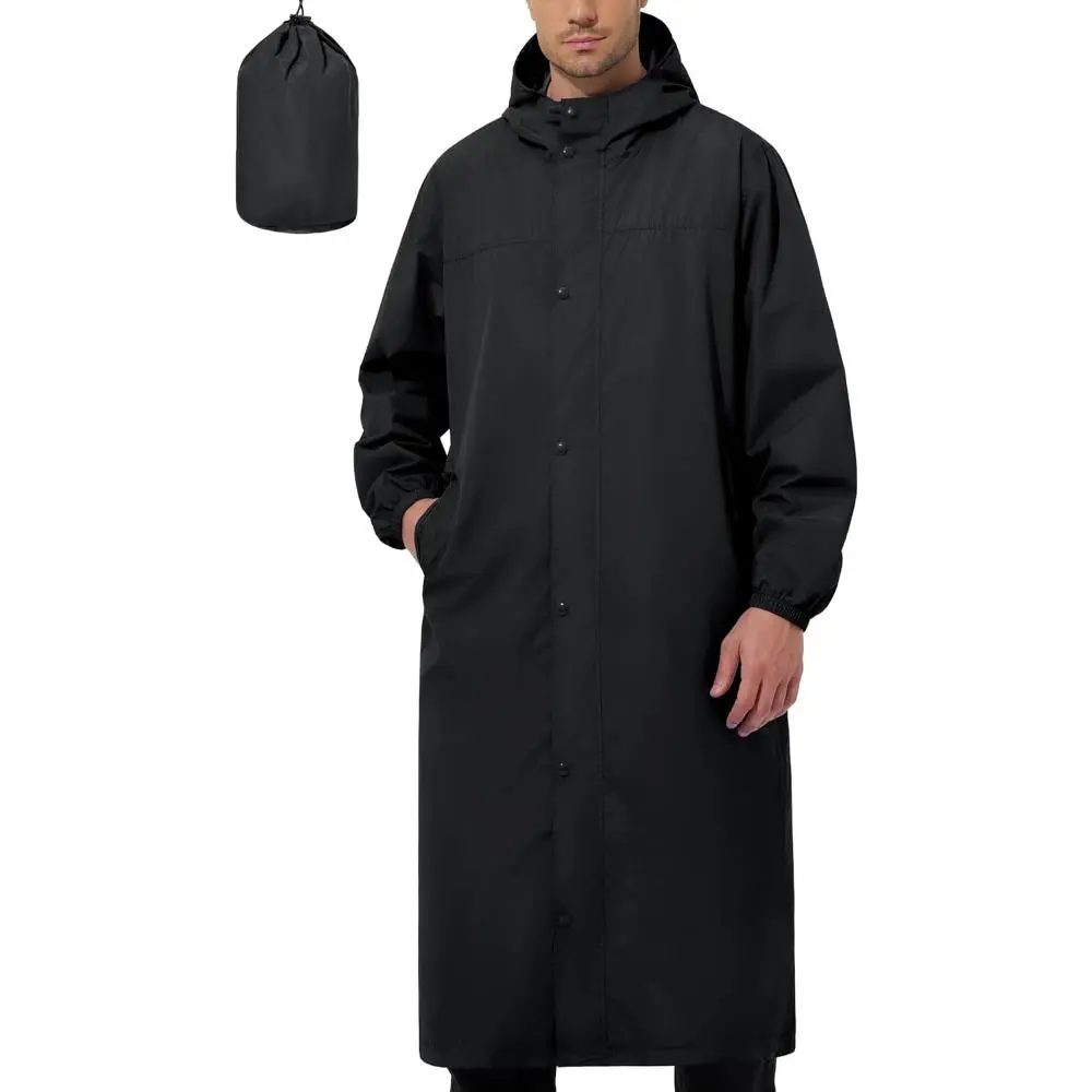 Men's Long Rain Jacket - Lightweight Hooded Polyester Menswear Windbreaker, Waterproof Packable Outdoor Coat with Pockets, Elastic, Fabric, Cloth, Long-Length, Durable, Lengthened, Easy Care, Outdoor Sporting Events