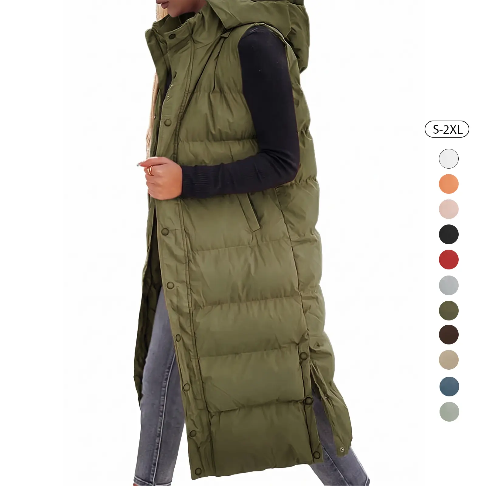 Tankaneo Womens Long Puffer Vest Hooded Sleeveless Winter Coats Quilted Warm Zip Up Padded Outerwear