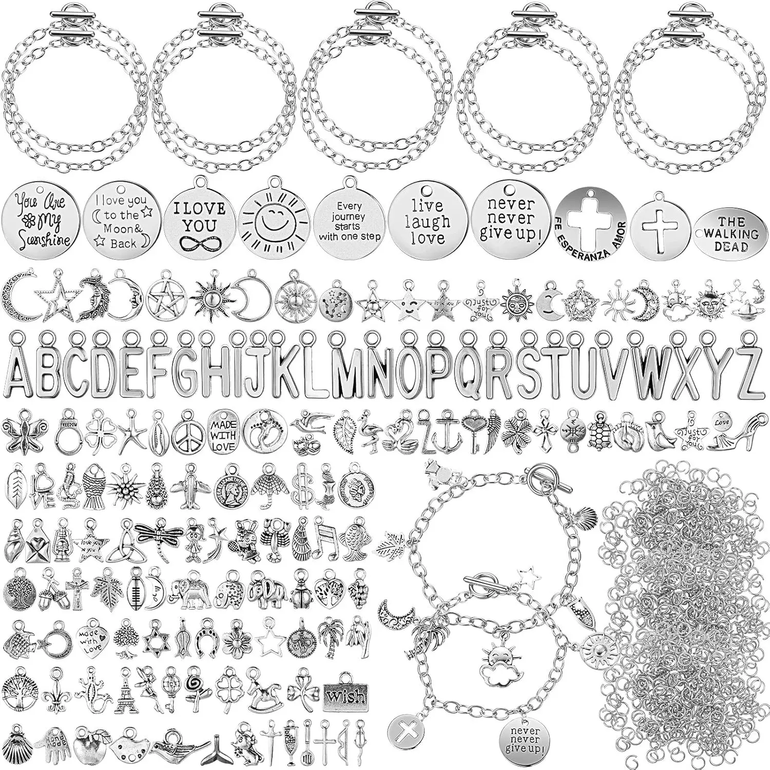 469 Pcs Bracelet Making Kit, Chain, Charms, Jump Rings | 10 Chain Bracelets, 159 Moon Star Tibetan Silver Charms, 300 Open Jump Rings, OT Toggle Clasp Included