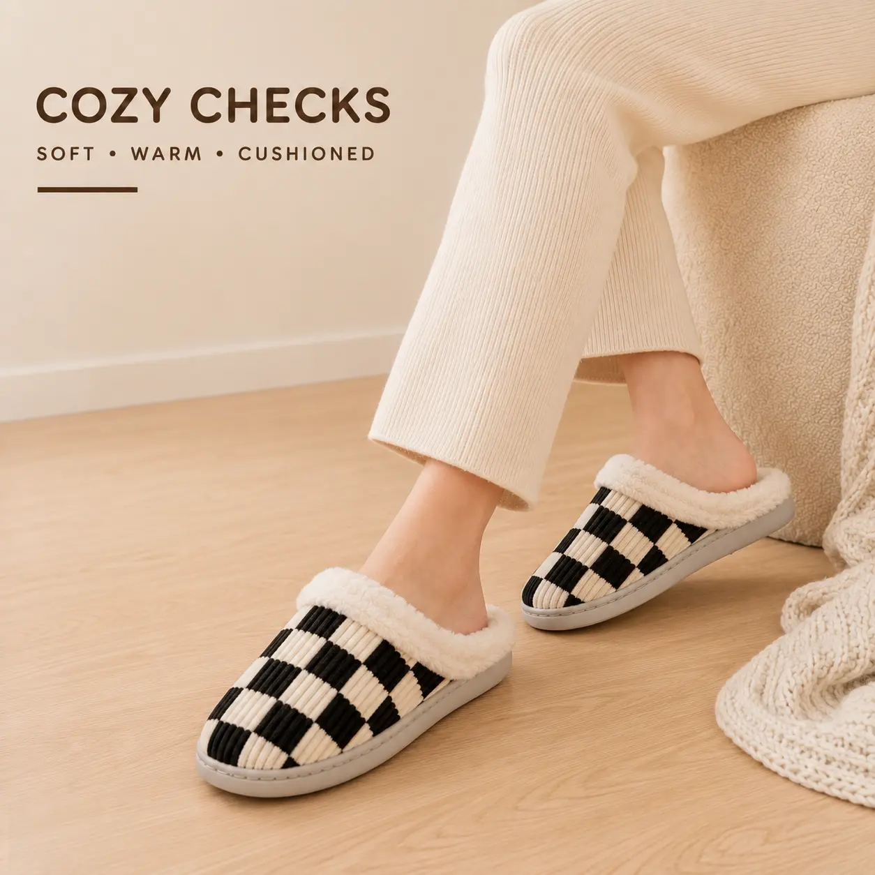 Unisex Checkered Fuzzy House Slippers for Women & Men, Memory Foam Indoor Outdoor Slip-On Shoes with Soft Faux Fur Lining, Cozy Bedroom Slippers