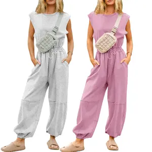 Buenoble Women’s Casual Sleeveless Jumpsuit Crewneck Cap Sleeve Wide Leg One Piece Romper with Drawstring Pockets