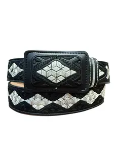 Size 38 Black Western Style Embroidered Leather Belt Cinto Vaquero Negro Bordado de Piel