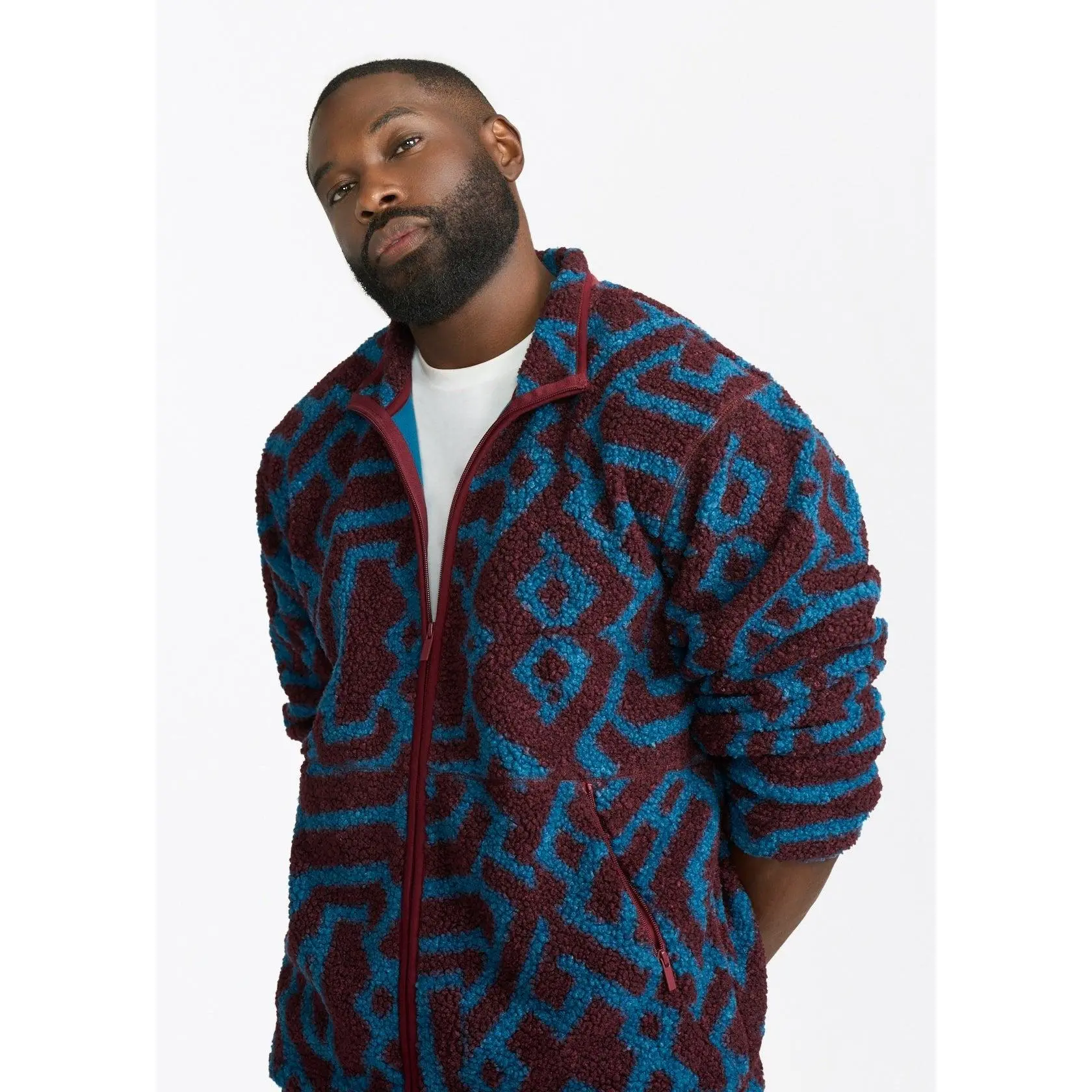 Idir Men's African Print Teddy Fleece Jacket (Maroon Teal Tribal) - Clearance