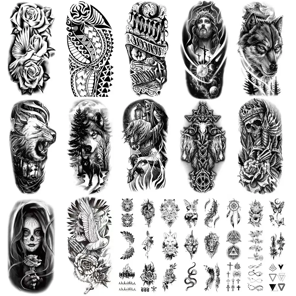 36 Sheets Large Skin-Adhesive Nontoxic Temporary Tattoos for Men - Gothic Skull, Tribal Wolf, Tiger, Lion Designs - 12 Big & 24 Mini Tattoos for Arms, Chest, Gothic Skull Tattoo